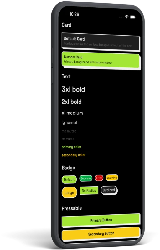 RN Neo components showcased in a mobile app, dark theme